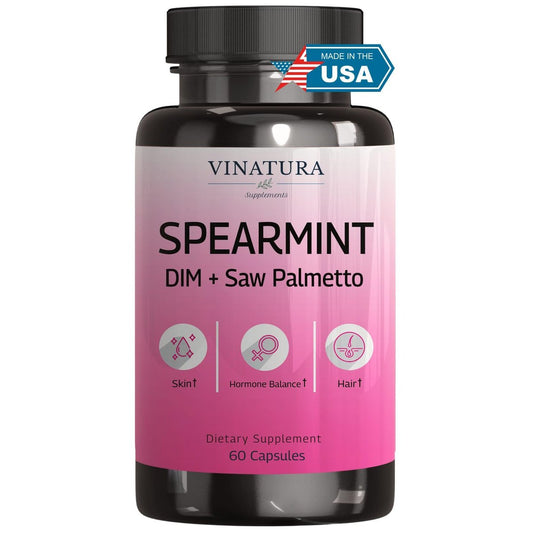 VINATURA Spearmint Kapseln Nahrungsergänzung - Spearmint Blattextrakt mit DIM & Sägepalme, für unerwünschte Haare, Frauengesundheit & Haut, USA hergestellt & getestet, 60 Kapseln