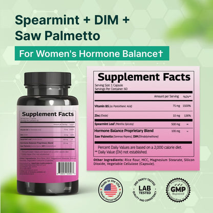 VINATURA Spearmint Kapseln Nahrungsergänzung - Spearmint Blattextrakt mit DIM & Sägepalme, für unerwünschte Haare, Frauengesundheit & Haut, USA hergestellt & getestet, 60 Kapseln