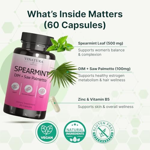 VINATURA Spearmint Kapseln Nahrungsergänzung - Spearmint Blattextrakt mit DIM & Sägepalme, für unerwünschte Haare, Frauengesundheit & Haut, USA hergestellt & getestet, 60 Kapseln