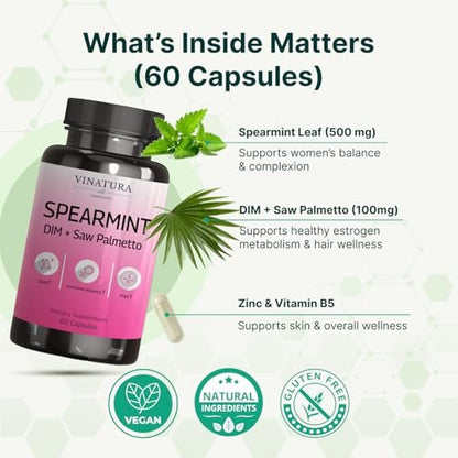 VINATURA Spearmint Kapseln Nahrungsergänzung - Spearmint Blattextrakt mit DIM & Sägepalme, für unerwünschte Haare, Frauengesundheit & Haut, USA hergestellt & getestet, 60 Kapseln