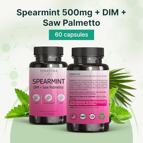 VINATURA Spearmint Kapseln Nahrungsergänzung - Spearmint Blattextrakt mit DIM & Sägepalme, für unerwünschte Haare, Frauengesundheit & Haut, USA hergestellt & getestet, 60 Kapseln