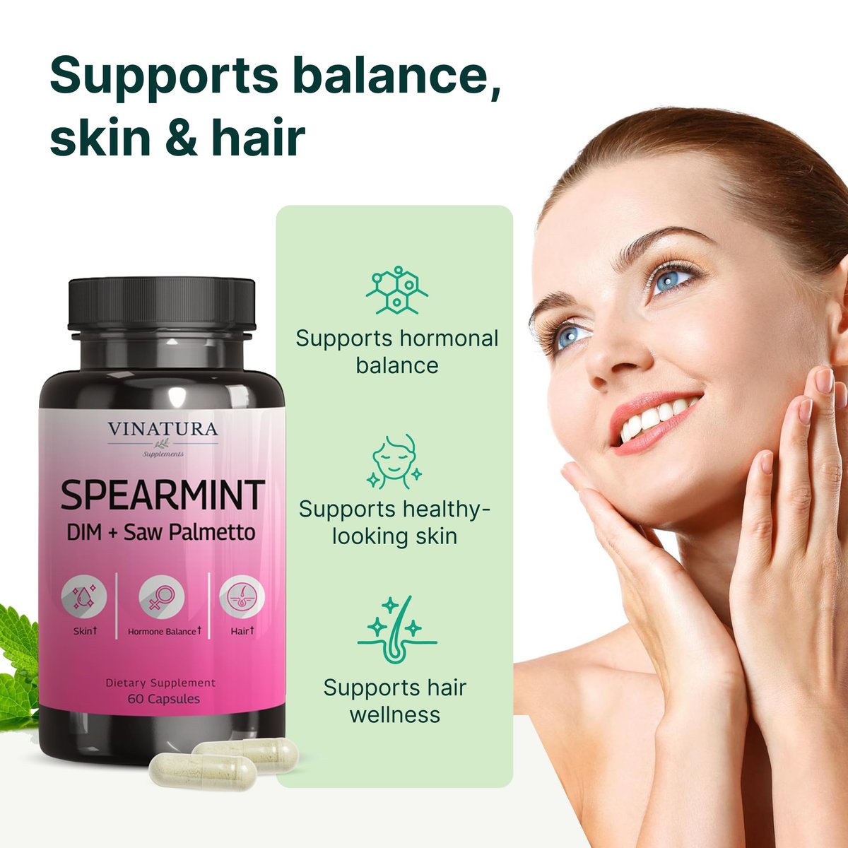 VINATURA Spearmint Kapseln Nahrungsergänzung - Spearmint Blattextrakt mit DIM & Sägepalme, für unerwünschte Haare, Frauengesundheit & Haut, USA hergestellt & getestet, 60 Kapseln