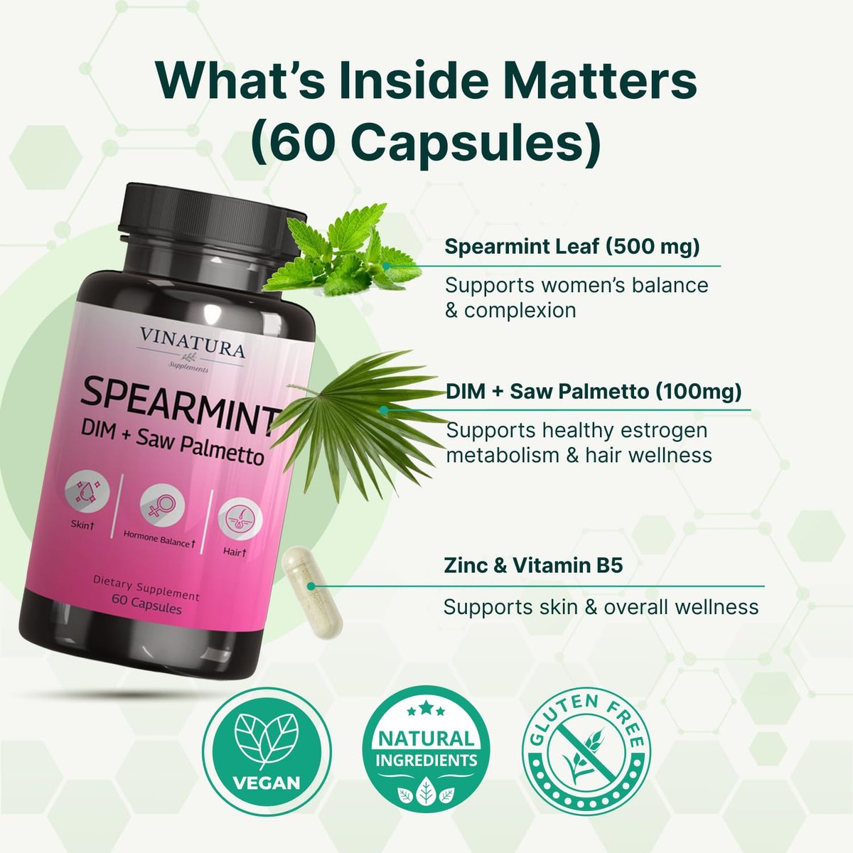 VINATURA Spearmint Kapseln Nahrungsergänzung - Spearmint Blattextrakt mit DIM & Sägepalme, für unerwünschte Haare, Frauengesundheit & Haut, USA hergestellt & getestet, 60 Kapseln