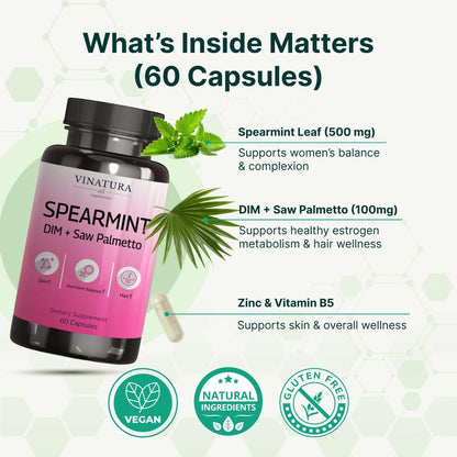 VINATURA Spearmint Kapseln Nahrungsergänzung - Spearmint Blattextrakt mit DIM & Sägepalme, für unerwünschte Haare, Frauengesundheit & Haut, USA hergestellt & getestet, 60 Kapseln