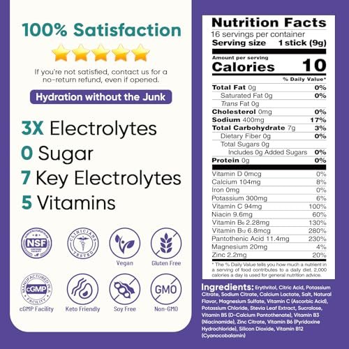 Venture Pal Zuckerfreies Elektrolyt-Pulver – Beutel mit Flüssigkeits-Getränkemischung für schnelle Hydratation & Partynachbereitung | 5 Vitamine & 7 Elektrolyte | Keto-freundlich | Nicht-GVO | Zertifiziert vegan | 16 Sticks
