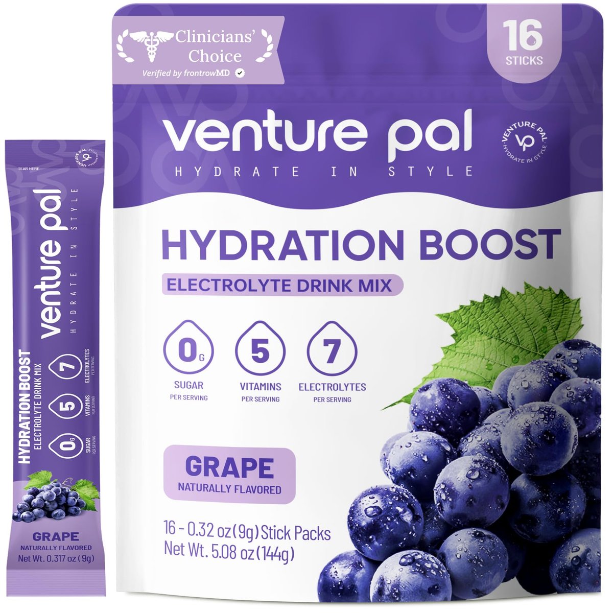 Venture Pal Zuckerfreies Elektrolyt-Pulver – Beutel mit Flüssigkeits-Getränkemischung für schnelle Hydratation & Partynachbereitung | 5 Vitamine & 7 Elektrolyte | Keto-freundlich | Nicht-GVO | Zertifiziert vegan | 16 Sticks
