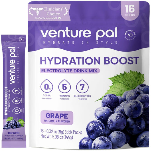 Venture Pal Zuckerfreies Elektrolyt-Pulver – Beutel mit Flüssigkeits-Getränkemischung für schnelle Hydratation & Partynachbereitung | 5 Vitamine & 7 Elektrolyte | Keto-freundlich | Nicht-GVO | Zertifiziert vegan | 16 Sticks