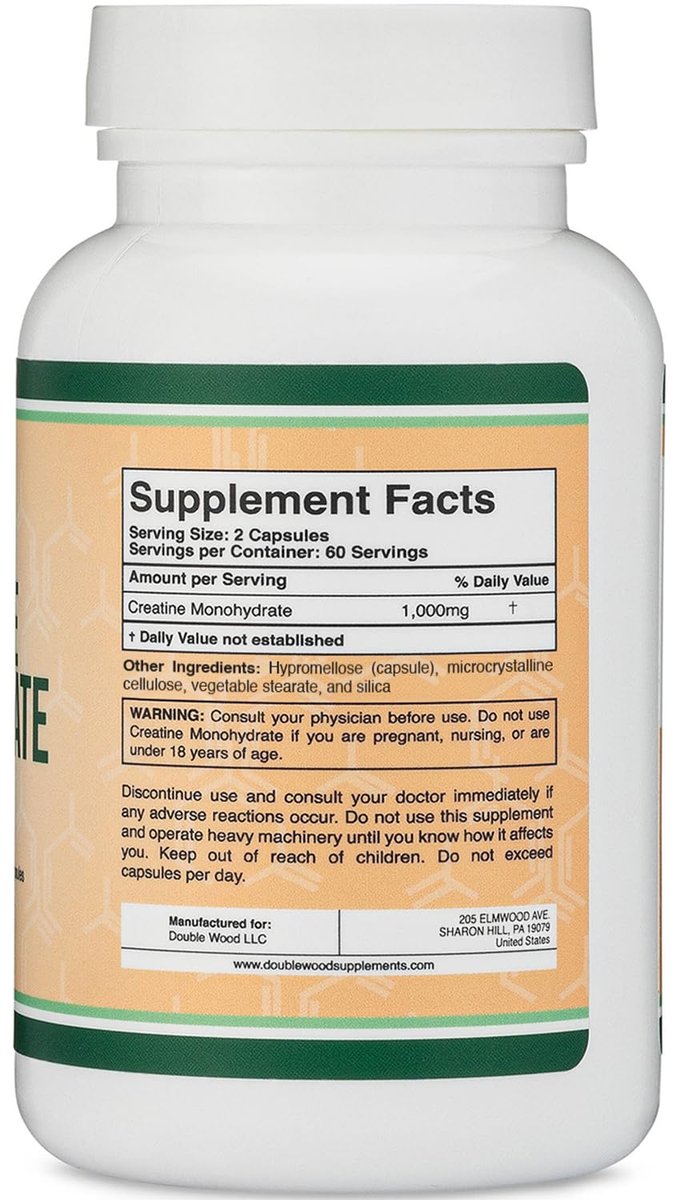 Kreatin-Monohydrat Kapseln – 1g pro Portion, 120 Kapseln – ohne Füllstoffe, vegan, non-GMO, glutenfrei von Double Wood