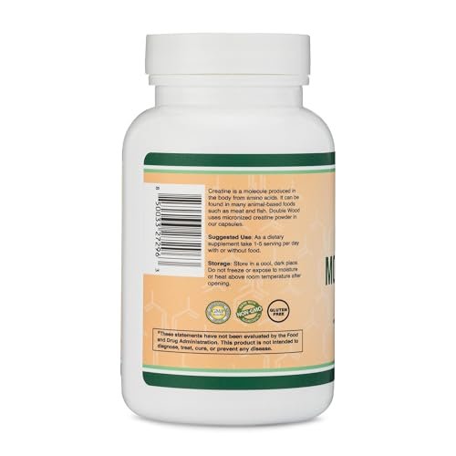 Kreatin-Monohydrat Kapseln – 1g pro Portion, 120 Kapseln – ohne Füllstoffe, vegan, non-GMO, glutenfrei von Double Wood