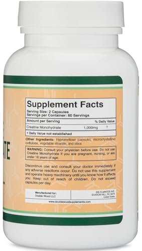 Kreatin-Monohydrat Kapseln – 1g pro Portion, 120 Kapseln – ohne Füllstoffe, vegan, non-GMO, glutenfrei von Double Wood