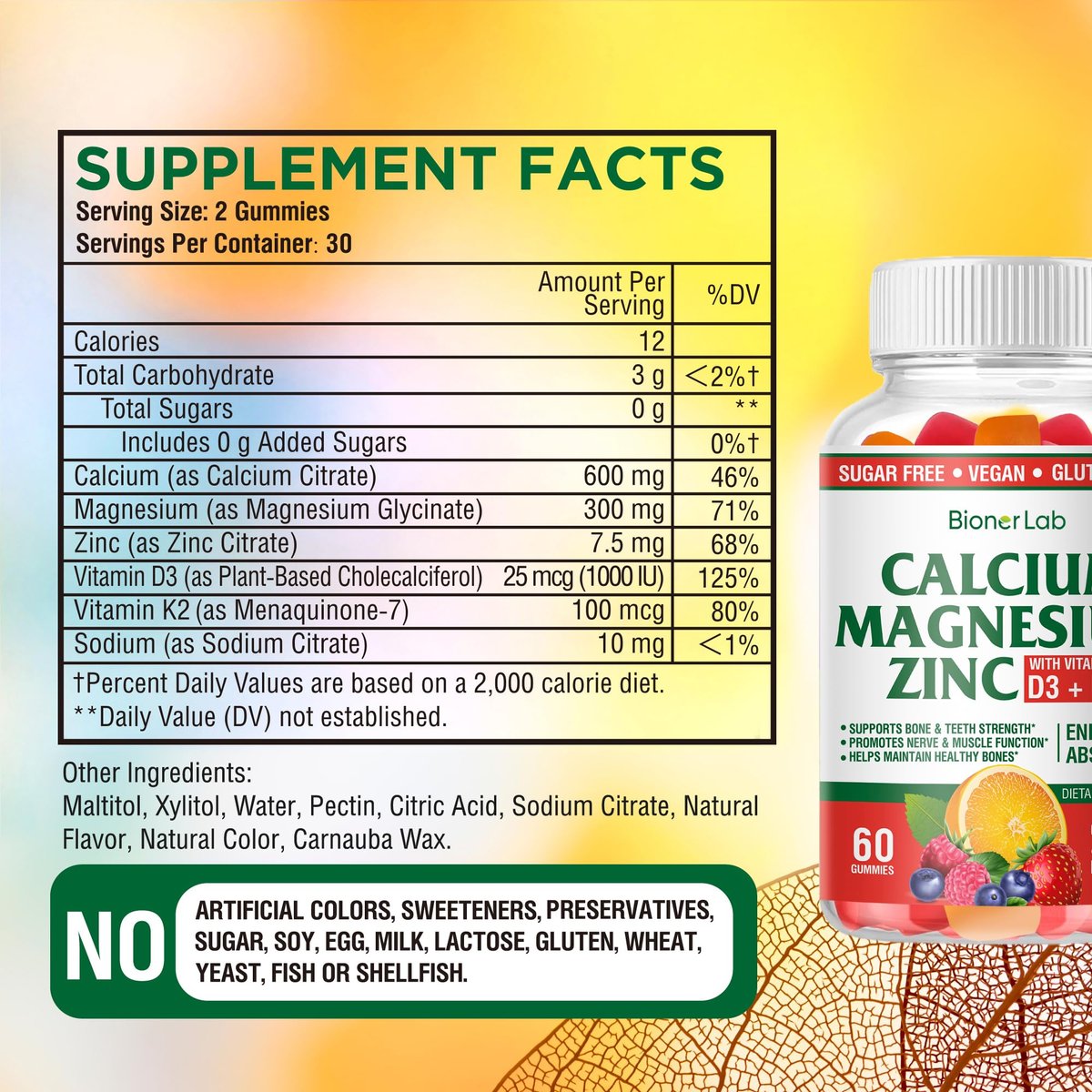 BionerLab Calcium Magnesium Zink Gummis mit Vitamin D3 & K2 – Hoch bioverfügbarer Komplex mit Magnesiumglycinat, Calcium- und Zinkcitrat für Knochen-, Muskel- und Immunsystem – Zuckerfrei, Orangen-Beeren-Geschmack, 60 Stück