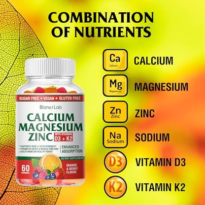 BionerLab Calcium Magnesium Zink Gummis mit Vitamin D3 & K2 – Hoch bioverfügbarer Komplex mit Magnesiumglycinat, Calcium- und Zinkcitrat für Knochen-, Muskel- und Immunsystem – Zuckerfrei, Orangen-Beeren-Geschmack, 60 Stück