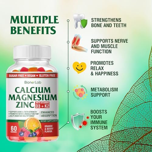 BionerLab Calcium Magnesium Zink Gummis mit Vitamin D3 & K2 – Hoch bioverfügbarer Komplex mit Magnesiumglycinat, Calcium- und Zinkcitrat für Knochen-, Muskel- und Immunsystem – Zuckerfrei, Orangen-Beeren-Geschmack, 60 Stück