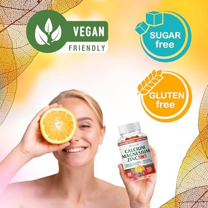 BionerLab Calcium Magnesium Zink Gummis mit Vitamin D3 & K2 – Hoch bioverfügbarer Komplex mit Magnesiumglycinat, Calcium- und Zinkcitrat für Knochen-, Muskel- und Immunsystem – Zuckerfrei, Orangen-Beeren-Geschmack, 60 Stück