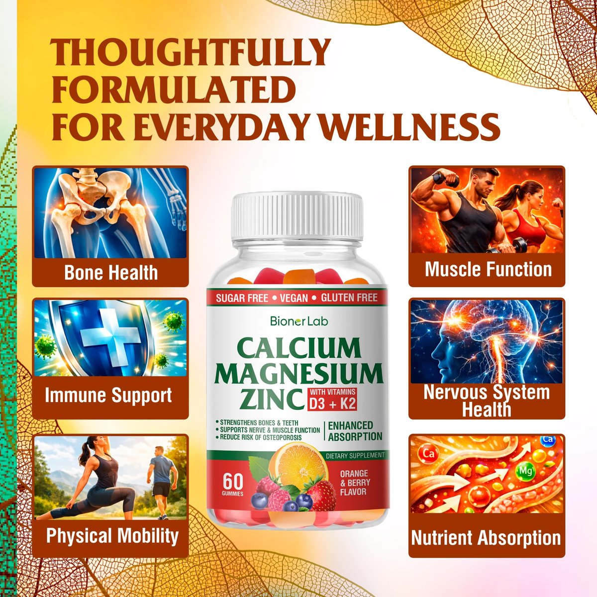 BionerLab Calcium Magnesium Zink Gummis mit Vitamin D3 & K2 – Hoch bioverfügbarer Komplex mit Magnesiumglycinat, Calcium- und Zinkcitrat für Knochen-, Muskel- und Immunsystem – Zuckerfrei, Orangen-Beeren-Geschmack, 60 Stück