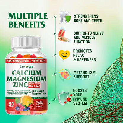 BionerLab Calcium Magnesium Zink Gummis mit Vitamin D3 & K2 – Hoch bioverfügbarer Komplex mit Magnesiumglycinat, Calcium- und Zinkcitrat für Knochen-, Muskel- und Immunsystem – Zuckerfrei, Orangen-Beeren-Geschmack, 60 Stück