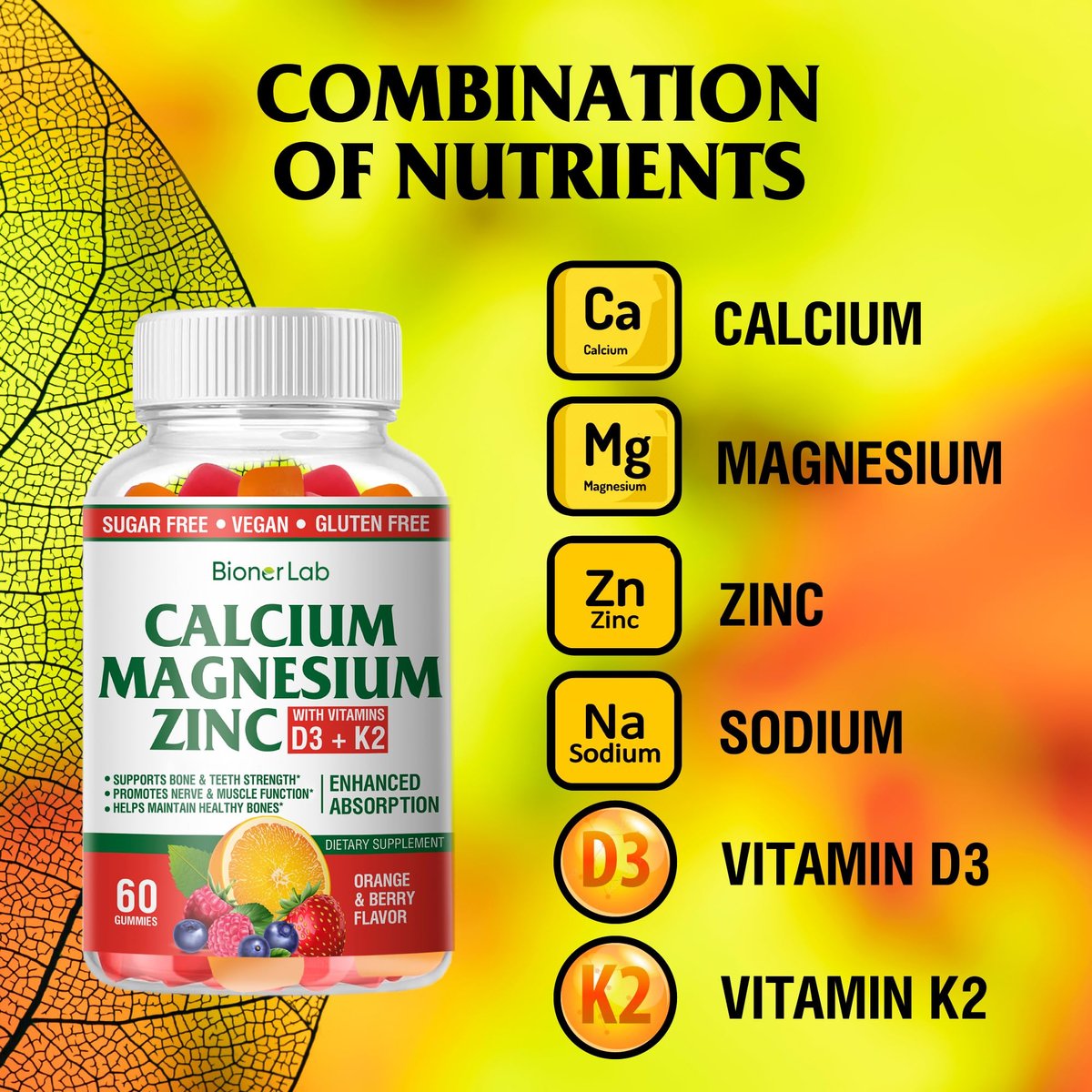 BionerLab Calcium Magnesium Zink Gummis mit Vitamin D3 & K2 – Hoch bioverfügbarer Komplex mit Magnesiumglycinat, Calcium- und Zinkcitrat für Knochen-, Muskel- und Immunsystem – Zuckerfrei, Orangen-Beeren-Geschmack, 60 Stück