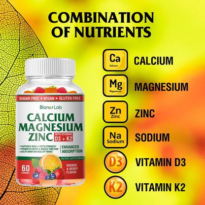 BionerLab Calcium Magnesium Zink Gummis mit Vitamin D3 & K2 – Hoch bioverfügbarer Komplex mit Magnesiumglycinat, Calcium- und Zinkcitrat für Knochen-, Muskel- und Immunsystem – Zuckerfrei, Orangen-Beeren-Geschmack, 60 Stück