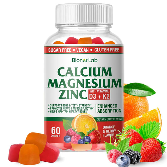 BionerLab Calcium Magnesium Zink Gummis mit Vitamin D3 & K2 – Hoch bioverfügbarer Komplex mit Magnesiumglycinat, Calcium- und Zinkcitrat für Knochen-, Muskel- und Immunsystem – Zuckerfrei, Orangen-Beeren-Geschmack, 60 Stück