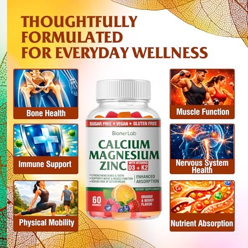 BionerLab Calcium Magnesium Zink Gummis mit Vitamin D3 & K2 – Hoch bioverfügbarer Komplex mit Magnesiumglycinat, Calcium- und Zinkcitrat für Knochen-, Muskel- und Immunsystem – Zuckerfrei, Orangen-Beeren-Geschmack, 60 Stück