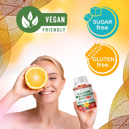 BionerLab Calcium Magnesium Zink Gummis mit Vitamin D3 & K2 – Hoch bioverfügbarer Komplex mit Magnesiumglycinat, Calcium- und Zinkcitrat für Knochen-, Muskel- und Immunsystem – Zuckerfrei, Orangen-Beeren-Geschmack, 60 Stück