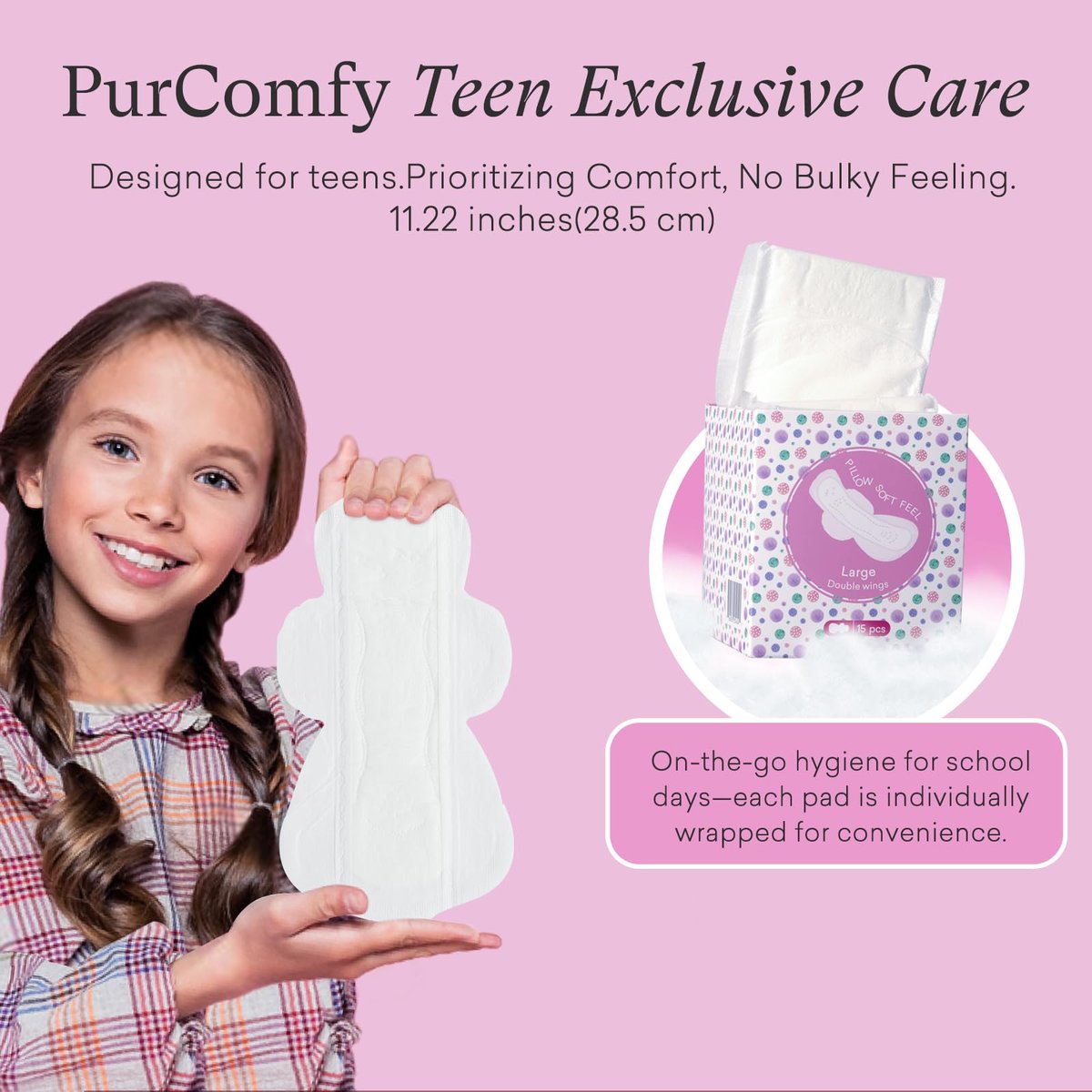 PurComfy Teens Maxi Period Pads mit Flügeln für Tweens, Bio-Baumwoll-Slipeinlagen für Mädchen 9-14, Teen Large, 15 Stück