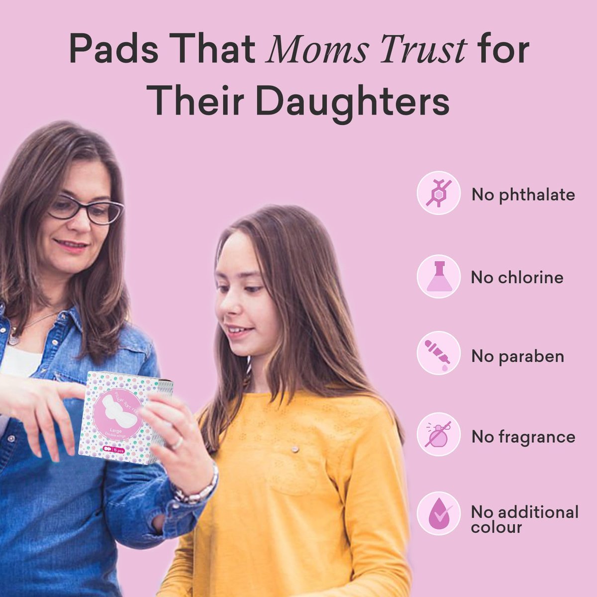 PurComfy Teens Maxi Period Pads mit Flügeln für Tweens, Bio-Baumwoll-Slipeinlagen für Mädchen 9-14, Teen Large, 15 Stück