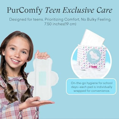 PurComfy Teen Period Pads mit Flügeln für Tweens – Bio-Baumwoll-Binden für Mädchen 9-14 Jahre, Mini Petite, 15 Stück