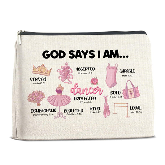 Inspirierende christliche Make-up-Tasche für Mädchen – Tänzerin Ballerina Geschenk – „Gott sagt, ich bin“ – Kosmetiktasche aus Leinen-Baumwolle