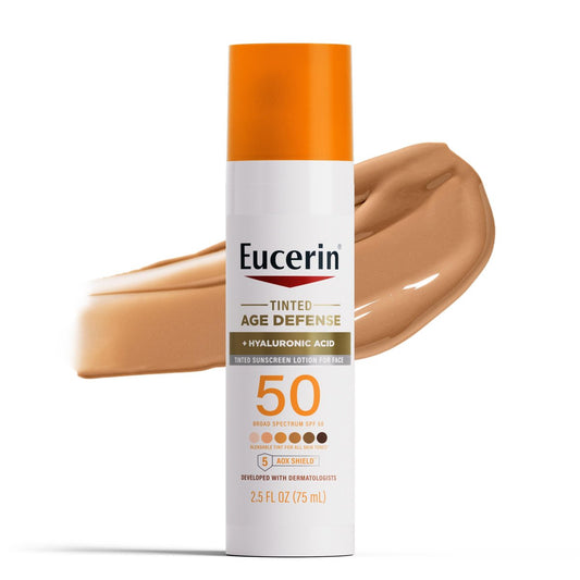 Eucerin Sun Tinted Age Defense Sonnenschutzlotion SPF 50 mit Hyaluronsäure, getönte Gesichtssonnencreme, mischbarer Farbton für alle Hauttöne, nicht komedogen und hypoallergen, 2,5 Fl Oz Flasche