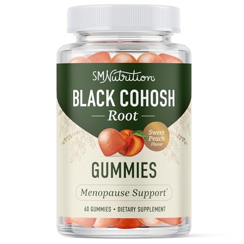 Black Cohosh Gummis für Wechseljahresbeschwerden, Hitzewallungen & Nachtschweiß | 50mg Black Cohosh Wurzel für Frauen | Glutenfrei, Vegetarisch, Nicht-GVO | Hormonbalance Unterstützung | Leckerer Pfirsichgeschmack | 60 Gummis