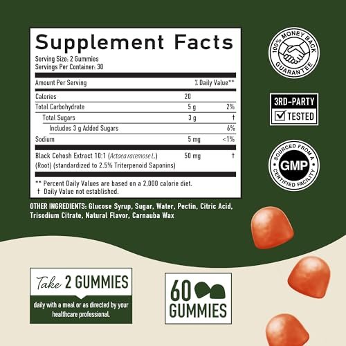 Black Cohosh Gummis für Wechseljahresbeschwerden, Hitzewallungen & Nachtschweiß | 50mg Black Cohosh Wurzel für Frauen | Glutenfrei, Vegetarisch, Nicht-GVO | Hormonbalance Unterstützung | Leckerer Pfirsichgeschmack | 60 Gummis