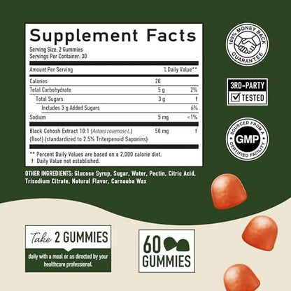 Black Cohosh Gummis für Wechseljahresbeschwerden, Hitzewallungen & Nachtschweiß | 50mg Black Cohosh Wurzel für Frauen | Glutenfrei, Vegetarisch, Nicht-GVO | Hormonbalance Unterstützung | Leckerer Pfirsichgeschmack | 60 Gummis