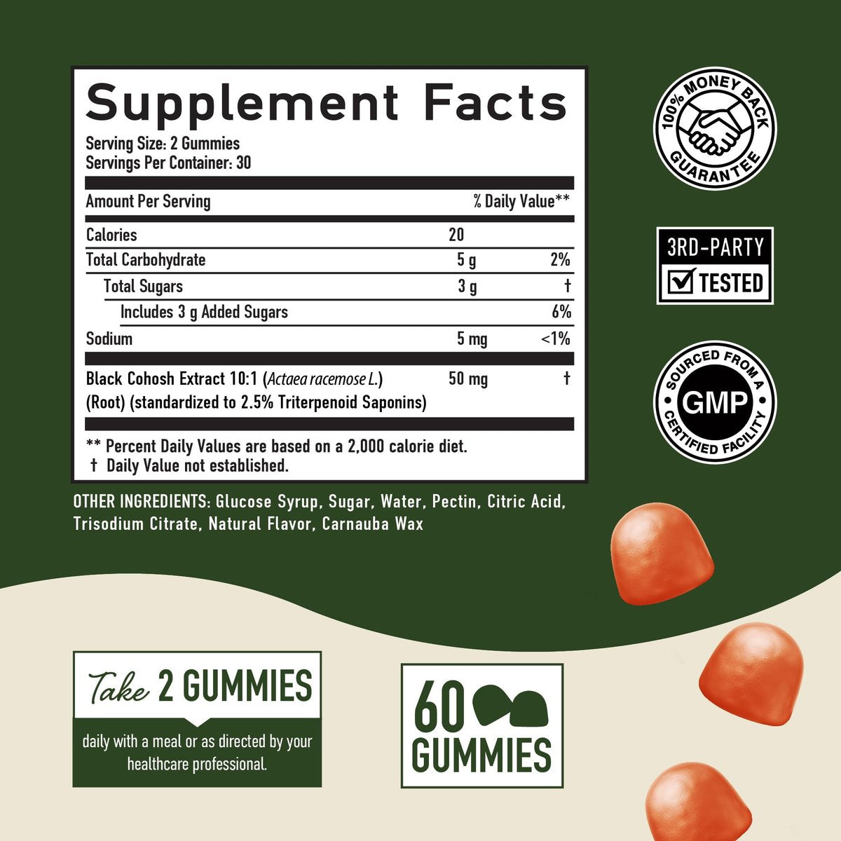 Black Cohosh Gummis für Wechseljahresbeschwerden, Hitzewallungen & Nachtschweiß | 50mg Black Cohosh Wurzel für Frauen | Glutenfrei, Vegetarisch, Nicht-GVO | Hormonbalance Unterstützung | Leckerer Pfirsichgeschmack | 60 Gummis