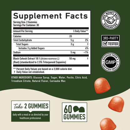Black Cohosh Gummis für Wechseljahresbeschwerden, Hitzewallungen & Nachtschweiß | 50mg Black Cohosh Wurzel für Frauen | Glutenfrei, Vegetarisch, Nicht-GVO | Hormonbalance Unterstützung | Leckerer Pfirsichgeschmack | 60 Gummis