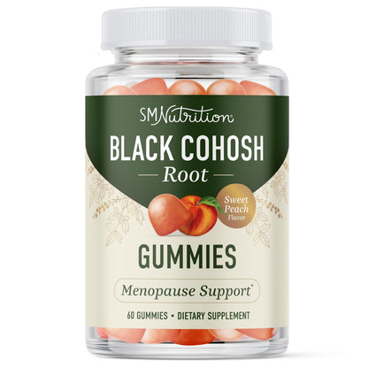 Black Cohosh Gummis für Wechseljahresbeschwerden, Hitzewallungen & Nachtschweiß | 50mg Black Cohosh Wurzel für Frauen | Glutenfrei, Vegetarisch, Nicht-GVO | Hormonbalance Unterstützung | Leckerer Pfirsichgeschmack | 60 Gummis