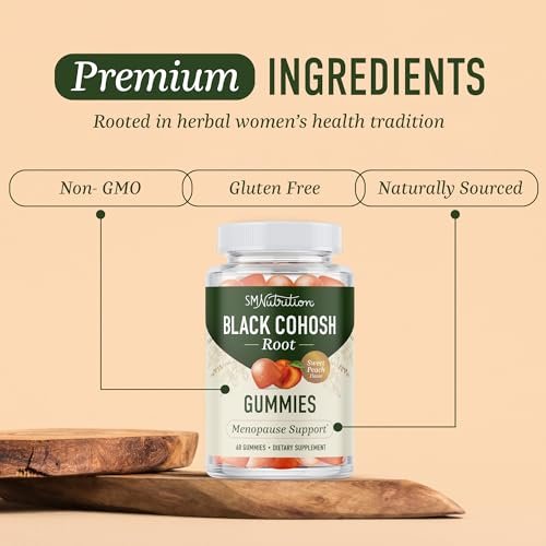 Black Cohosh Gummis für Wechseljahresbeschwerden, Hitzewallungen & Nachtschweiß | 50mg Black Cohosh Wurzel für Frauen | Glutenfrei, Vegetarisch, Nicht-GVO | Hormonbalance Unterstützung | Leckerer Pfirsichgeschmack | 60 Gummis