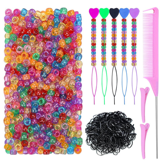 1008-teiliges Haarperlen-Set für Mädchen und Kinder – Glitzerperlen, Haargummis, Schnell-Einfädler und Kämme