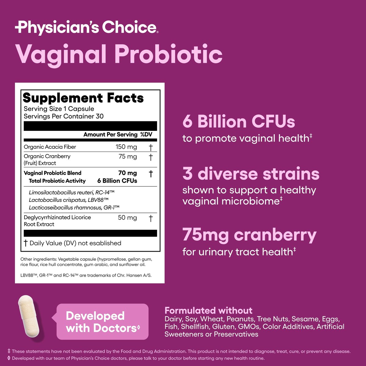 Physician's CHOICE Vaginale Probiotika für Frauen - pH-Balance, Geruchskontrolle, Hefegleichgewicht, Vaginalflora & Frauengesundheit - 6B KBE mit organischen Präbiotika und Cranberry-Extrakt - 30 Kapseln