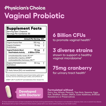 Physician's CHOICE Vaginale Probiotika für Frauen - pH-Balance, Geruchskontrolle, Hefegleichgewicht, Vaginalflora & Frauengesundheit - 6B KBE mit organischen Präbiotika und Cranberry-Extrakt - 30 Kapseln