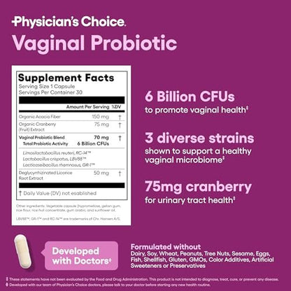 Physician's CHOICE Vaginale Probiotika für Frauen - pH-Balance, Geruchskontrolle, Hefegleichgewicht, Vaginalflora & Frauengesundheit - 6B KBE mit organischen Präbiotika und Cranberry-Extrakt - 30 Kapseln