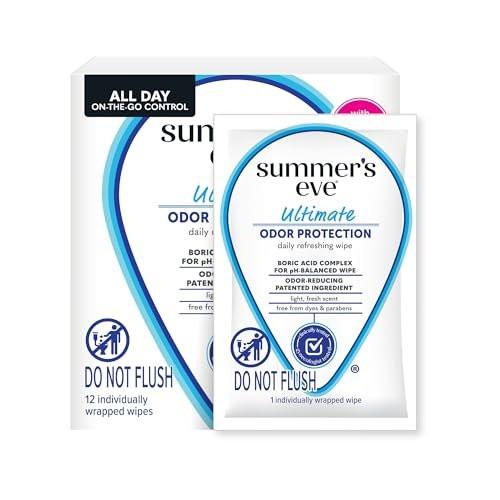 Summer's Eve Ultimativer Schutz vor Geruch – Tägliche Feminin-Feuchttücher mit Borsäure, pH-ausgeglichen, 12 einzeln verpackte Tücher