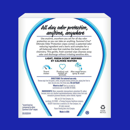 Summer's Eve Ultimativer Schutz vor Geruch – Tägliche Feminin-Feuchttücher mit Borsäure, pH-ausgeglichen, 12 einzeln verpackte Tücher