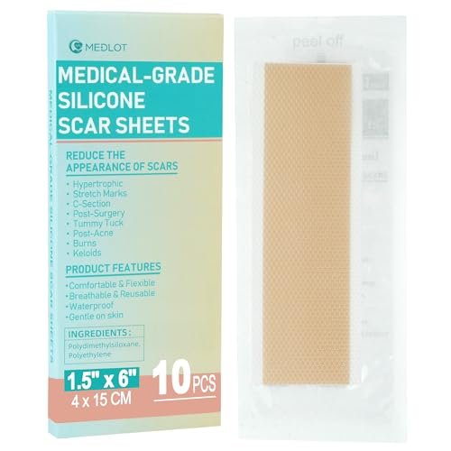 MEDLOT Silikon-Narbenpflaster, 10 Stück, wiederverwendbare Silikonstreifen zur Narbenbehandlung, für Kaiserschnitt, Keloid, Dehnungsstreifen, Verbrennungen, Aknenarben, je 1,5 x 6 Zoll