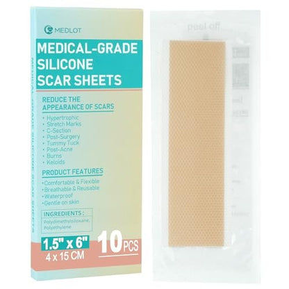 MEDLOT Silikon-Narbenpflaster, 10 Stück, wiederverwendbare Silikonstreifen zur Narbenbehandlung, für Kaiserschnitt, Keloid, Dehnungsstreifen, Verbrennungen, Aknenarben, je 1,5 x 6 Zoll