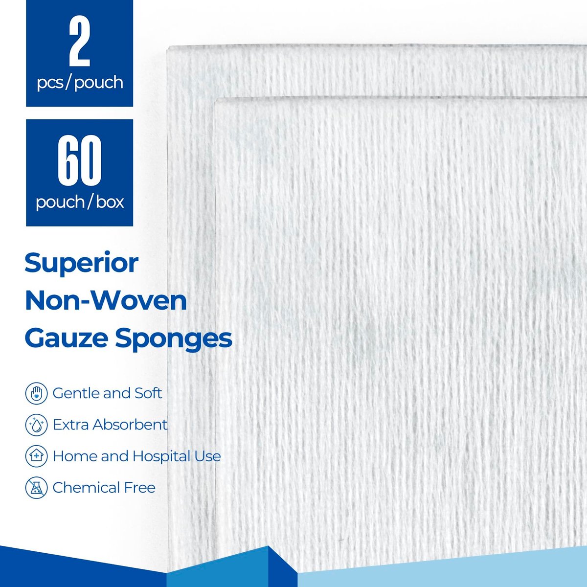 Sterile Nonwoven Gauze Pads, 2" x 2" Wundauflage, 60 Packungen - 120 Stück, überlegene weiche Schwammpads, hochsaugfähige Gaze-Kompressen für Trauma oder postoperative Wundversorgung
