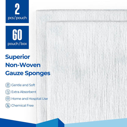 Sterile Nonwoven Gauze Pads, 2" x 2" Wundauflage, 60 Packungen - 120 Stück, überlegene weiche Schwammpads, hochsaugfähige Gaze-Kompressen für Trauma oder postoperative Wundversorgung