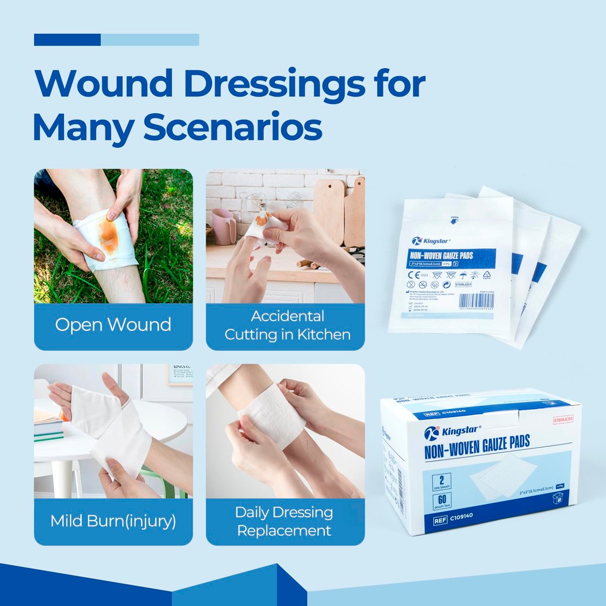 Sterile Nonwoven Gauze Pads, 2" x 2" Wundauflage, 60 Packungen - 120 Stück, überlegene weiche Schwammpads, hochsaugfähige Gaze-Kompressen für Trauma oder postoperative Wundversorgung