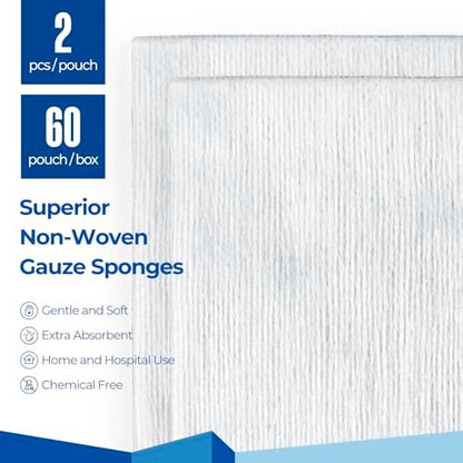 Sterile Nonwoven Gauze Pads, 2" x 2" Wundauflage, 60 Packungen - 120 Stück, überlegene weiche Schwammpads, hochsaugfähige Gaze-Kompressen für Trauma oder postoperative Wundversorgung