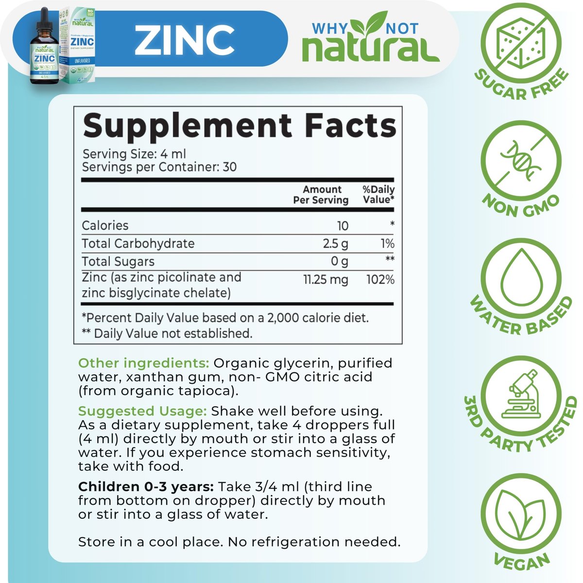 Bio Liquid Zink Tropfen mit chelatiertem Picolinat und Bisglycinat, vegan – 118 ml